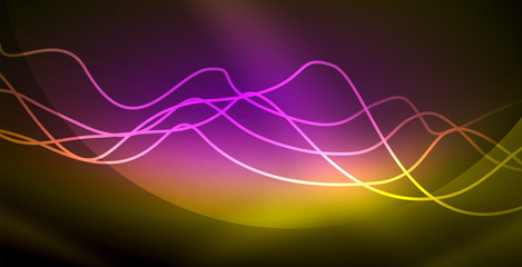 Glowing abstract wave on dark, shiny motion, magic space light. Techno abstract background