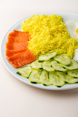 Healthy rice breakfast with fish
