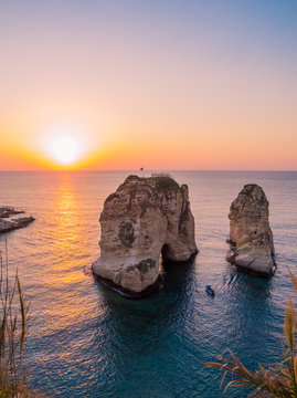Magical sunset on Raouche, Pigeons' Rock. In Beirut, Lebanon