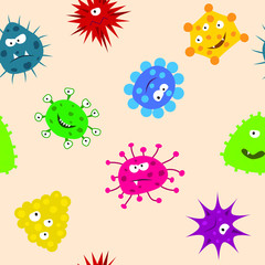 Seamless pattern with funny viruses, vector