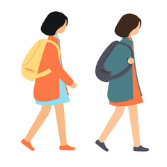 Fototapeta premium Two young girls with backpacks. Students go to study. Back to school.