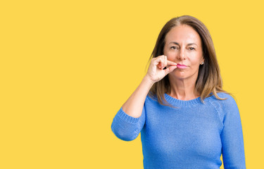 Middle age beautiful woman wearing winter sweater over isolated background mouth and lips shut as...