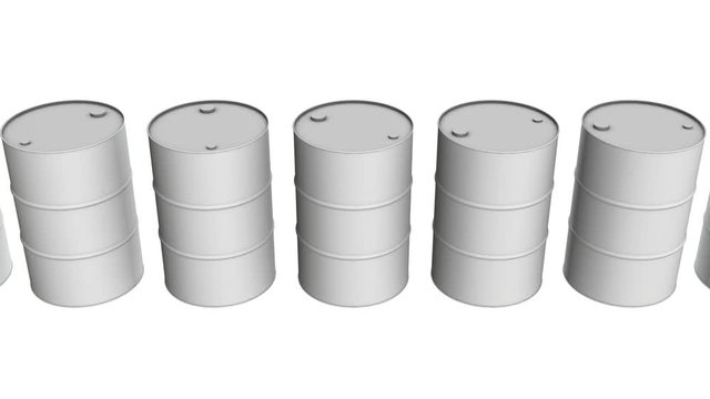 White blank metal barrel oil row. 3d render Video available in 4k FullHD and HD render footage