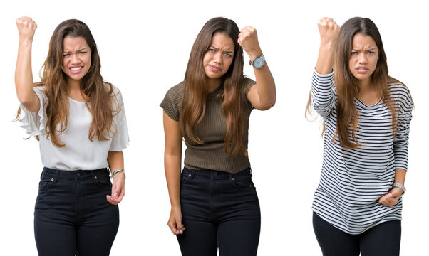 Collage of beautiful young woman over isolated background angry and mad raising fist frustrated and furious while shouting with anger. Rage and aggressive concept.