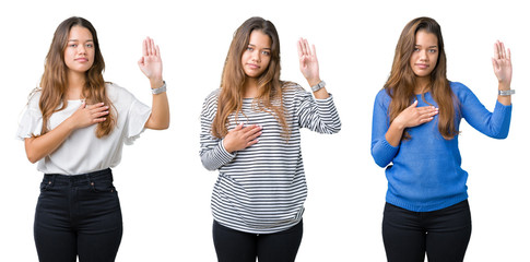 Collage of beautiful young woman over isolated background Swearing with hand on chest and open palm, making a loyalty promise oath