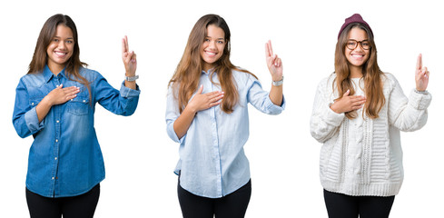 Collage of beautiful young woman over isolated background Swearing with hand on chest and fingers,...