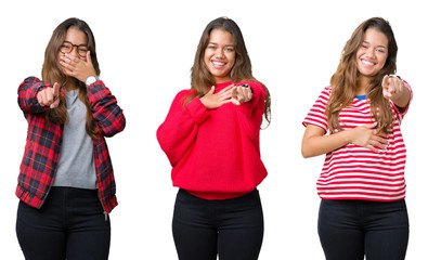 Collage of beautiful young woman over isolated background Laughing of you, pointing to the camera with finger hand over chest, shame expression