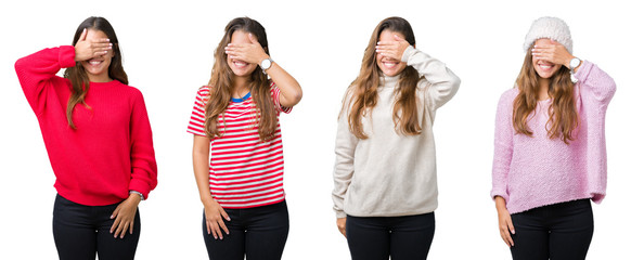 Collage of beautiful young woman over isolated background smiling and laughing with hand on face covering eyes for surprise. Blind concept.