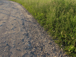 The edge of the roadside of a light rocky forest road and green summer grass in a corner