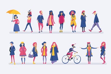  A crowd of people dressed in autumn clothes or outerwear, standing, walking, walking with a child and riding a bicycle. A group of men and women of different gender and different races, isolated on a