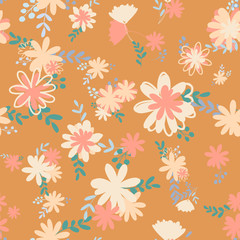 Fototapeta na wymiar Retro beautiful pattern with simple foolproof flower botanical. Wild botanical garden bloom. Flower background. Spring floral surface pattern. Leaves illustration.