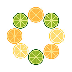 Round frame of lime, orange, lemon. Summer exotic food in flat style