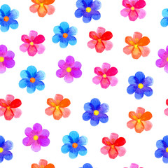 Seamless pattern with colorful flowers on white background. Hand drawn watercolor illustration. Fabric and paper design 