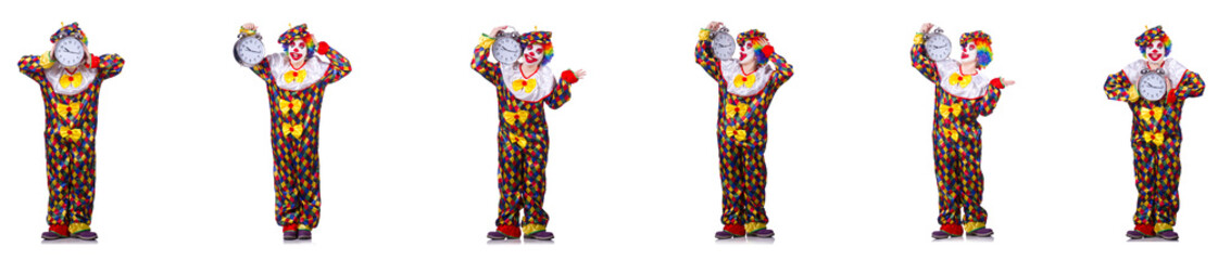 Funny male clown with alarm-clock 