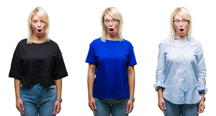 Collage of beautiful blonde woman over isolated background afraid and shocked with surprise...