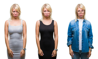 Obraz premium Collage of beautiful blonde woman over isolated background depressed and worry for distress, crying angry and afraid. Sad expression.