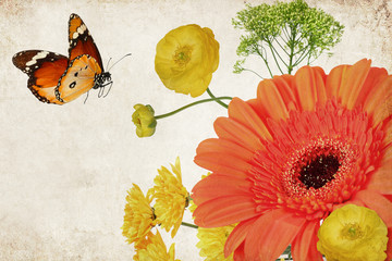 Old paper texture with garden flowers lovely romantic bouquet and butterfly fleyng. Red chrysanthemum and yellow buttrecups natural colorful floral background