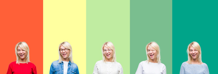 Collage of beautiful blonde woman over vivid vintage isolated background winking looking at the...