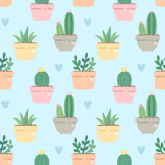 Seamless pattern cute cactus in side the pot on blue background.
