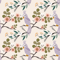 Seamless pattern beautyful bird with many flower background.