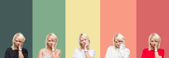 Collage of beautiful blonde woman over vintage isolated background thinking looking tired and bored with depression problems with crossed arms.