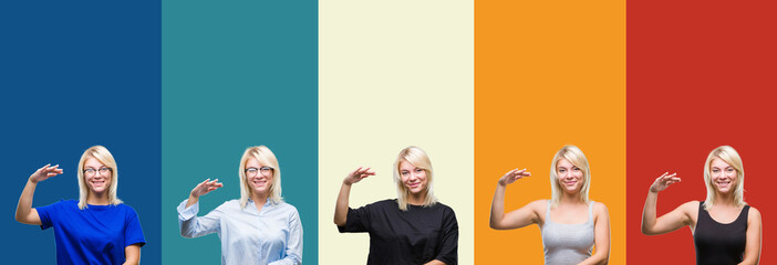 Obraz premium Collage of beautiful blonde woman over colorful vintage isolated background gesturing with hands showing big and large size sign, measure symbol. Smiling looking at the camera. Measuring concept.