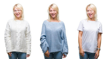 Collage of beautiful blonde woman wearing winter sweater over isolated background winking looking...