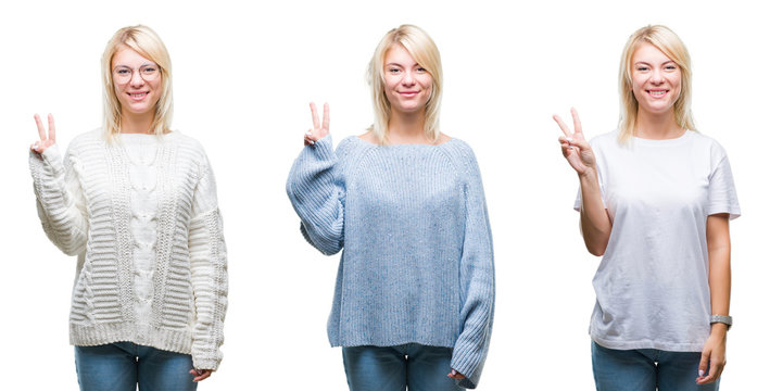 Collage of beautiful blonde woman wearing winter sweater over isolated background showing and pointing up with fingers number two while smiling confident and happy.