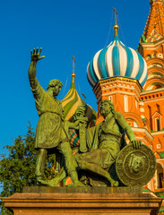Fototapeta na wymiar Monument to Minin and Pozharsky in front of St. Basil's Cathedral, Red Square, Moscow, Russia
