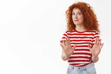 No take away from me. Displeased uncomfortable redhead attractive girlfriend pass raise hands stop...