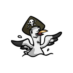 Seagull cute bird with black wings and pirate hat
