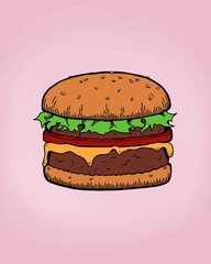Juicy hamburger isolated on pink background