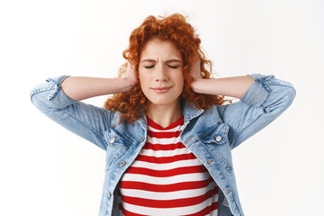 No more useless talk. Fed up woman refuses listen lies smirking close eyes ears hold hands earholes...