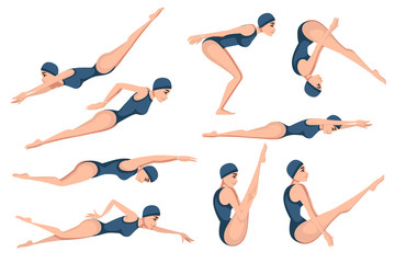 Set of athlete woman in blue swimsuit swimming in different style cartoon character design flat vector illustration on white background