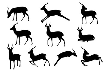 Black silhouette set of african wild black-tailed gazelle with long horns cartoon animal design flat vector illustration on white background side view antelope © Alfmaler