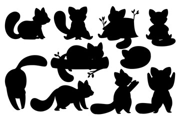 Black silhouette set of cute adorable red panda in different poses cartoon design animal character flat vector style illustration on white background