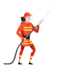 Adult male firefighter stand on ground wearing fireproof form holding a fire hose and putting out a fire with water cartoon character design flat vector illustration