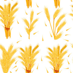 Seamless pattern of wheat yellow ripe spikelets and grains of wheat flat vector illustration on white background