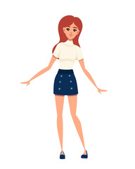 Young woman wearing casual clothes spread her hands cartoon character design flat vector illustration isolated on white background