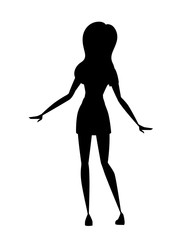 Black silhouette young woman wearing casual clothes spread her hands cartoon character design flat vector illustration isolated on white background