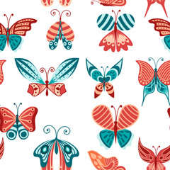 Seamless pattern of abstract colorful decorative butterfly mint, coral and turquoise color flat vector illustration on white background