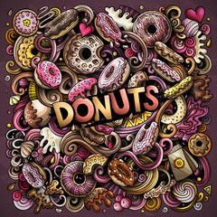 Donuts hand drawn vector doodles illustration. Sweets poster design.