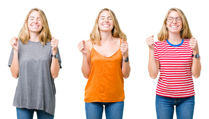 Collage of beautiful blonde woman over white isolated background excited for success with arms raised celebrating victory smiling. Winner concept.