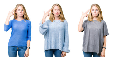 Fototapeta premium Collage of beautiful blonde woman over white isolated background Shooting and killing oneself pointing hand and fingers to head, suicide gesture.
