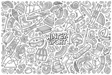Fototapeta na wymiar doodle cartoon set of Winter sports objects and symbols