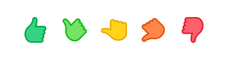 Vector feedback survey flat icon set. Five color hand thumb up and down symbol isolated on white background. Design element for marketing research, client testimonail, questionnaire response, web