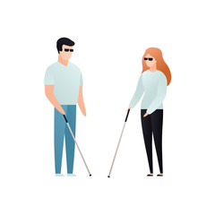 Vector blind character people flat illustration. A pair of man and woman in glasses with cane standing isolated on white background. Modern design element for social care service, diversity friendship