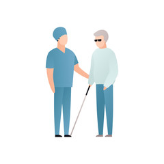 Vector blind character people flat illustration. Medical worker in uniform care of senior man with glasses and stick isolated on white. Modern design element for healthcare service, accessebility