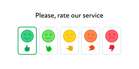 Vector feedback survey flat icon set. Five color smile with hand thumb sign buttons isolated on white. Design element for marketing research, client testimonail, questionnaire response, web