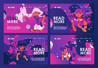 Educative banners set or landing page templates good for library or reading book clubs, fan club of traditional reading, discussion groups in vivid purple and pink colors. Flat characters on dark